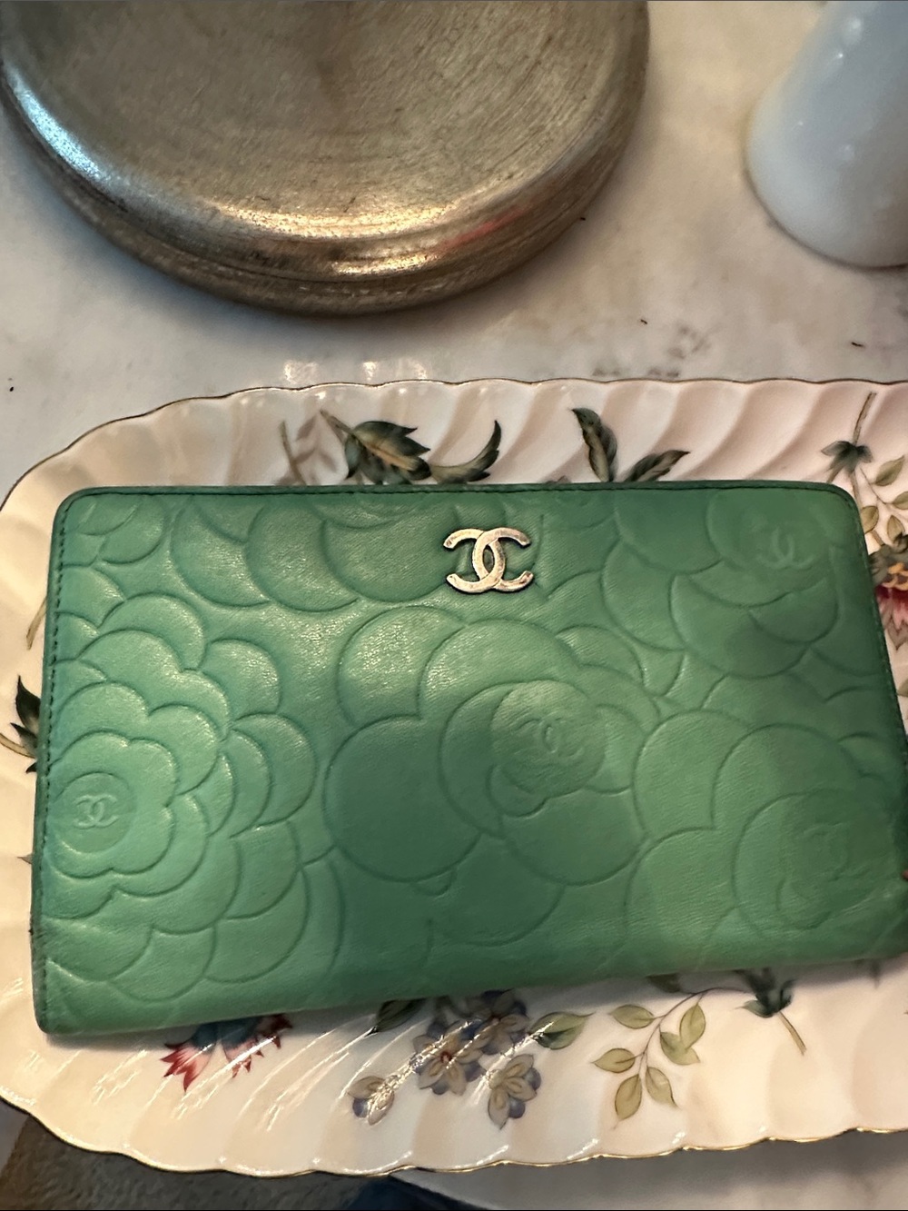 Authentic Chanel Camellia Embossed Leather Long Wallet has COA